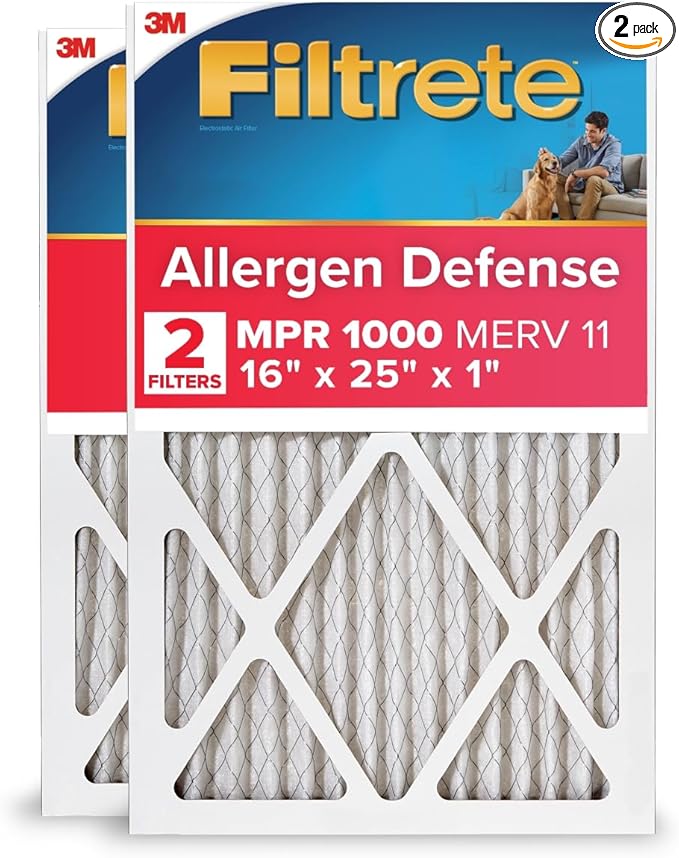 Filtrete 16x25x1 AC Furnace Air Filter, MERV 11, MPR 1000, Micro Allergen Defense, 3-Month Pleated 1-Inch Electrostatic Air Cleaning Filter, 2 Pack (Actual Size 15.719 x 24.72 x 0.84 in)