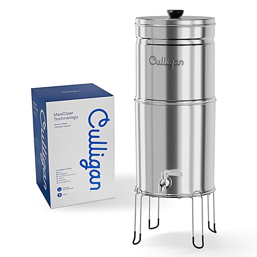 Culligan MaxClear 3 Gallon Gravity Water Filter System, Polished Stainless-Steel Countertop Water Filter NSF/ANSI Certified to Reduce Microplastics, Lead & Total PFAS, with 6 Ceramic Filters