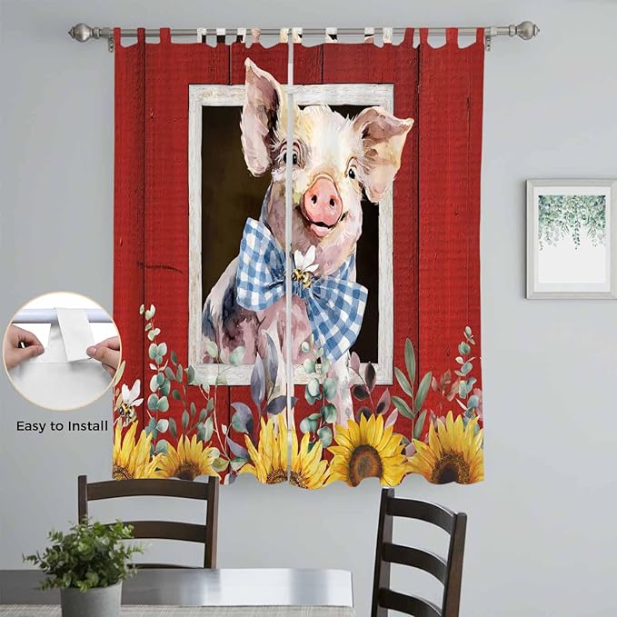Pig Sunflowers Living Room Curtains 96 Inch Length, Window Curtains Tab Top, Eucalyptus Leaves Floral Bees Red Barn Light Filtering Window Treatments Drapes 52"x96" 2 Panel