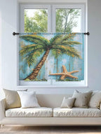 Sheer Curtains 54 Inch Length, Coastal Beach Tree Semi Sheer Curtains Light Filtering Window Treatment, Summer Tropical Starfish Wood Grain Privacy Voile Drapes for Living Room Bedroom 52x54 Inch