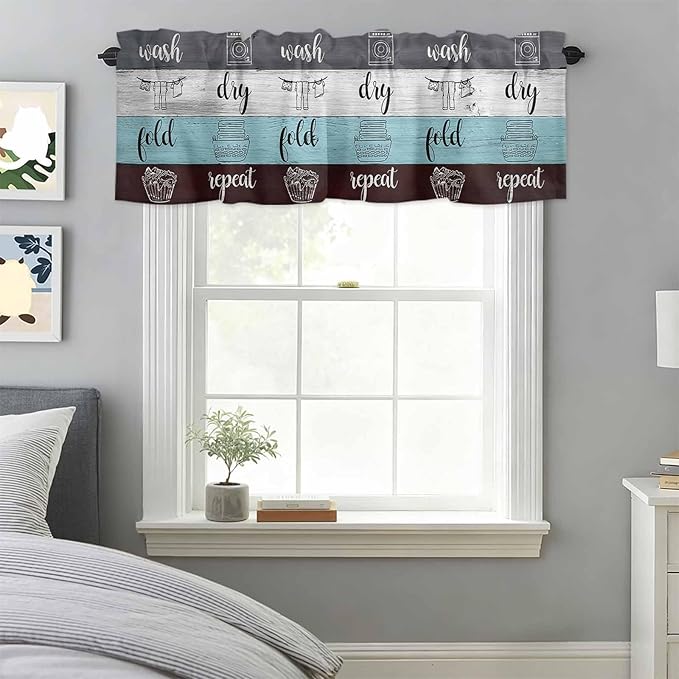 Laundry Rules Valances for Windows, Retro Blue White Wood Board Grain Kitchen Valance Light Filtering Rod Pocket Short Curtains for Kitchen Bathroom, 1 Panel, 60"x14"