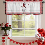 Valentine's Day Valance Curtains for Kitchen, Gnome Red Love Plaid Wood Grain Privacy Rod Pocket Valance Curtain, Light-Filtering Window Treatment for Bedroom Bathroom, 60"x18"