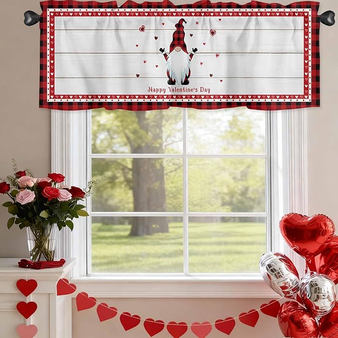 Valentine's Day Valance Curtains for Kitchen, Gnome Red Love Plaid Wood Grain Privacy Rod Pocket Valance Curtain, Light-Filtering Window Treatment for Bedroom Bathroom, 42"x12"