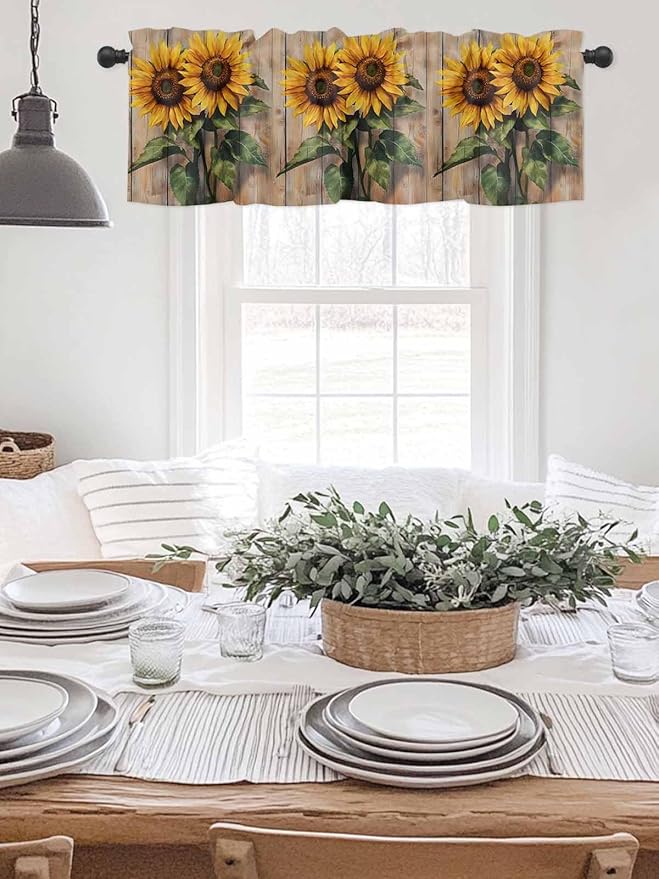 Kitchen Valances for Window, Watercolor Sunflower Retro Board Light Filtering Rod Pocket Valance Curtain, Farm Brown Wood Grain Short Curtains Window Topper for Bedroom Bathroom Living Room 54x18in
