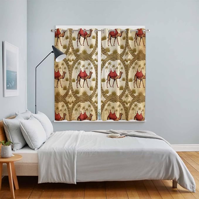 2 Panel Kitchen Cafe Curtains, Brown Desert Camels Sunlight Filtering Nature Air Through, Window Decor Tier Curtains for Living Room 104W x 84L inch Tropical Date Coconut Trees Cords Leaves