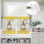 Yellow Gnomes Kitchen Curtains Set 3 Piece for Windows, Rod Pocket Valance and Tier Set 24 Inch Length, Spring Bees Daisy Plaid Wooden Grain Light Filtering Cafe Curtains for Living Room Bathroom