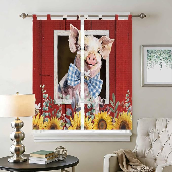 Pig Sunflowers Bathroom Curtains 63 Inch Length, Window Curtains Tab Top, Eucalyptus Leaves Floral Bees Red Barn Light Filtering Window Treatments Drapes 52"x63" 2 Panel