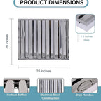 25" x 20" Stainless Steel Commercial Hood Filter – Dishwasher Safe, Welded Baffle Grease Trap with Drop Handles – Easy Installation & Durable Grease Fire Prevention Filter