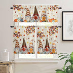 Fall Kitchen Curtain Set, Thanksgiving Gnomes Maple Leaf Pumpkin Beige Window Valance and Tiers 36" Length, Light Filtering Short Curtains Valance for Cafe Bathroom Bedroom 54"x18"