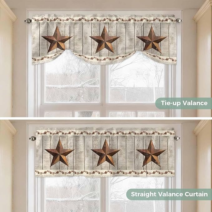 Western Texas Star Retro Tie Up Valance Curtains for Windows, Kitchen Curtains Window Shades, Country Farmhouse Gray Wood Grain Light Filtering Roman Curtain Valances for Bedroom/Bathroom/Cafe 42"x18"