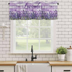Kitchen Valances for Window, Retro Lavender on Farm Wood Grain Light Filtering Rod Pocket Valance Curtain, Watercolor Purple Flowers Short Curtains Window Topper for Bedroom Living Room 54x18in