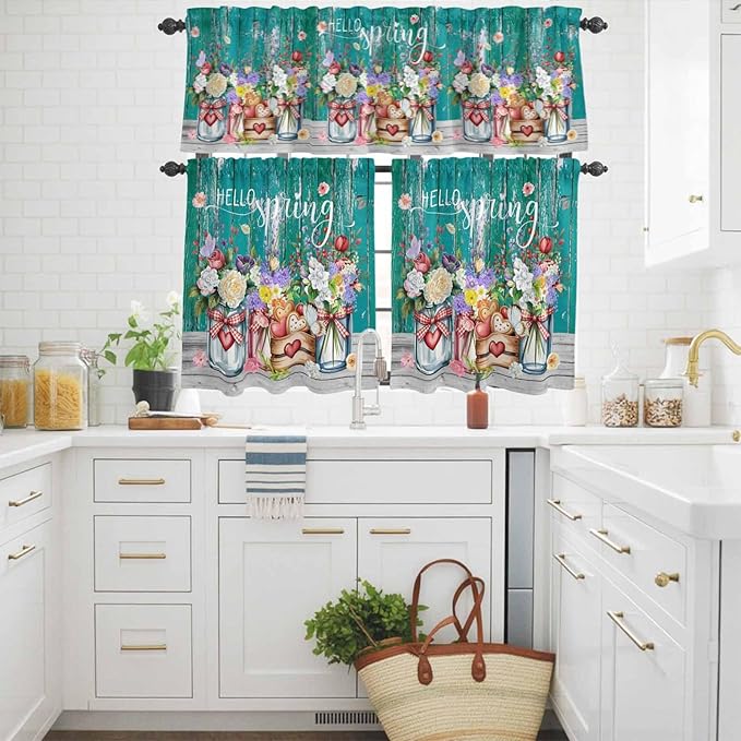 Spring Flowers Kitchen Curtains Set 3 Piece for Windows, Rod Pocket Valance and Tier Set 36 Inch Length, Farmhouse Watercolor Teal Wood Grain Light Filtering Cafe Curtains for Living Room Bathroom