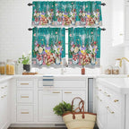 Spring Flowers Kitchen Curtains Set 3 Piece for Windows, Rod Pocket Valance and Tier Set 24 Inch Length, Farmhouse Watercolor Teal Wood Grain Light Filtering Cafe Curtains for Living Room Bathroom