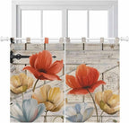 Retro Floral Kitchen Curtains 45 Inch Length, Short Cafe Window Curtains Tab Top, Red Yellow Tulips Barm Doors Farmhouse Wooden Light Filtering Window Treatments Tier Drapes 27.5"x45" 2 Panel