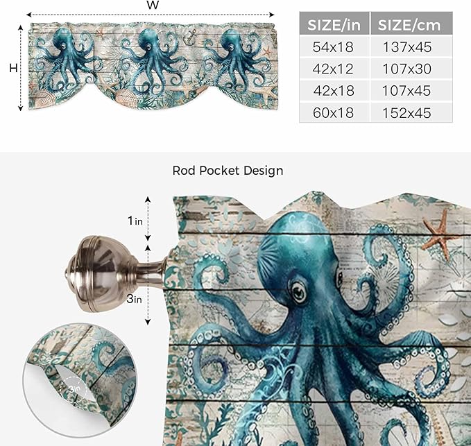 Sea Octopus Ocean Starfish Tie Up Valance Curtains,Nautical Anchor Vintage Wood Grain Kitchen Light Filtering Window Treatments with 3-inch Rod Pocket for Living Room,Bedroom,42x18In