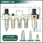 Industrial Grade 4-Stage Air Drying System, 1/2" NPT with Auto Drain, desiccant dryer, air regulator, Particulate Filter and Coalescing Filter for for Paint Spray， Plasma Cutter