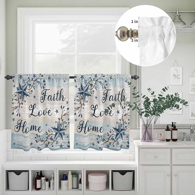 Kitchen Curtains Tiers and Valance Set of 3, Vintage Farmhouse Light Filtering Window Curtain Set, Blue Country Texas Star Vines Wooden Rod Pocket Curtain Drapes for Cafe, Living Room, 36 Inches Tiers