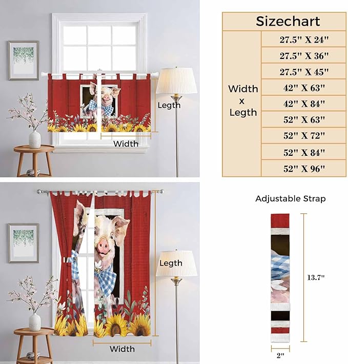 Pig Sunflowers Kitchen Curtains 45 Inch Length, Short Cafe Window Curtains Tab Top, Eucalyptus Leaves Floral Bees Red Barn Light Filtering Window Treatments Tier Drapes 27.5"x45" 2 Panel