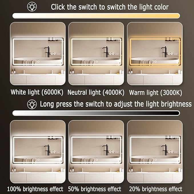 Backlit LED Illuminated Bathroom Mirror with LED Lights, Lighted Bathroom Makeup Wall Mounted Mirror with Demister Pad, Sensor Touch Switch, Horizontal/Vertical(A,H50*W70CM/H19.6*W27.5IN)