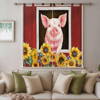 Pigs Sunflowers Bedroom Curtains 72 Inch Length, Window Curtains Tab Top, Farmhouse Red Barn Flowers Animals Light Filtering Window Treatments Drapes 52"x72" 2 Panel
