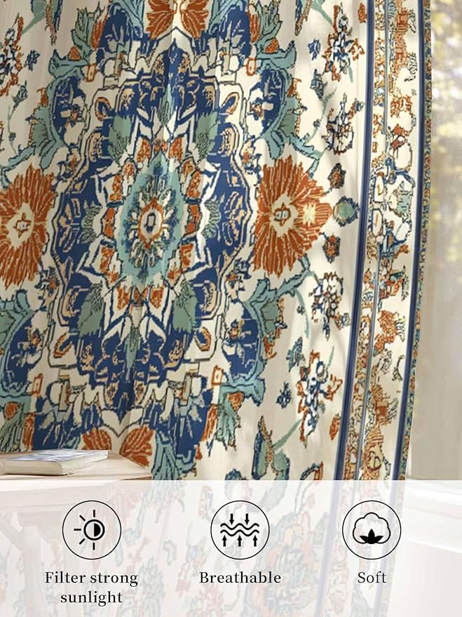 Sheer Curtains 108 Inches Long, Southwest Farmhouse Semi Sheer Curtains Light Filtering Window Treatment, Orange Blue Desert Bohemian Privacy Voile Drapes for Living Room Bedroom 52x108 Inch
