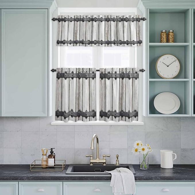 Farmhouse Rustic Kitchen Curtain Set, Vintage Country Wooden Grain Window Valance and Tiers 36" Length, Light Filtering Short Curtains Valance for Cafe Bathroom Bedroom 54"x18"
