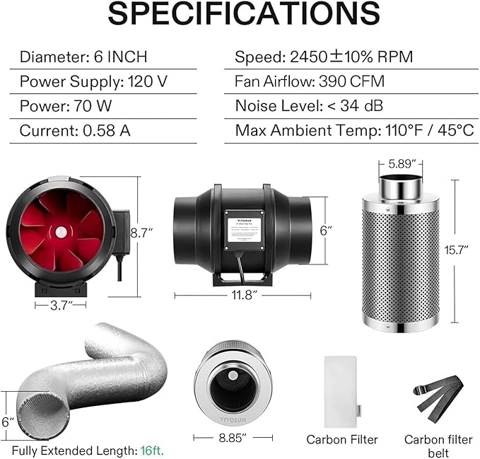 VIVOSUN Grow Tent Ventilation System, 6 Inch Inline Duct Fan with Speed Controller, 6'' Carbon Filter, and 16ft. Ducting Combo, Air Cooling and Filtration Kit for Grow Tent, Hydroponics