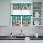 Spring Flowers Kitchen Curtain Set, Farmhouse Watercolor Teal Wood Grain Window Valance and Tiers 36" Length, Light Filtering Short Curtains Valance for Cafe Bathroom Bedroom 54"x18"