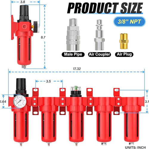 3/8" NPT Industrial Grade 5 Stage Aluminum Air Drying System,Double Coalescing Filter,Particulate Filter,Double Desiccant Dryer and Air Regulator,Manual Drain For Plasma Cutter and Paint Spray