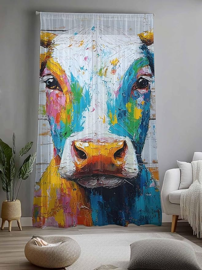 Sheer Curtains 84 Inches Long, Funny Colorful Cow Semi Sheer Curtains Light Filtering Window Treatment, Retro Rustic Oil Painting Wood Grain Privacy Voile Drapes for Living Room Bedroom 52x84 Inch