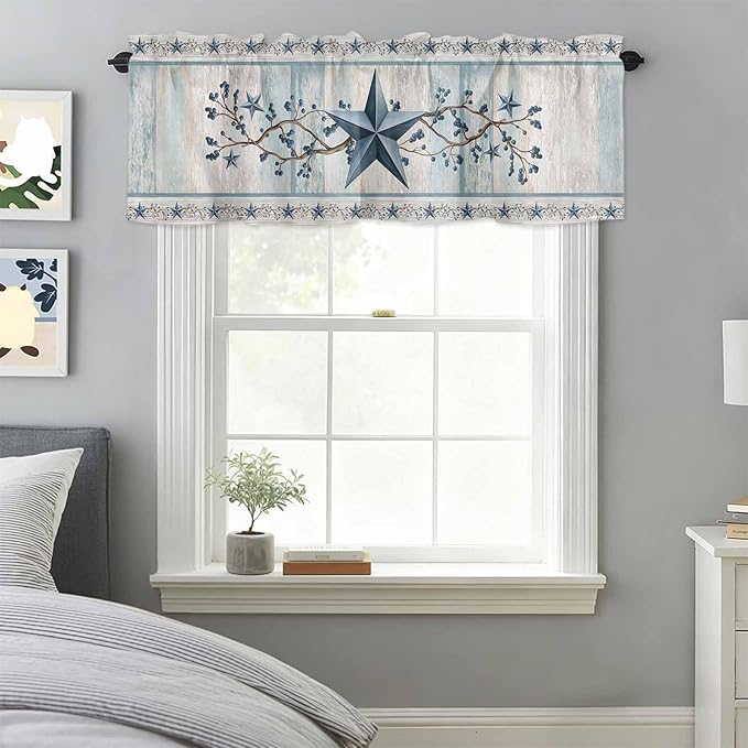 Blue Texas Star Valances for Windows, Vintage Star Berry Blue Beige Wood Grain Kitchen Valance Light Filtering Rod Pocket Short Curtains for Kitchen Bathroom, 1 Panel, 42"x12"