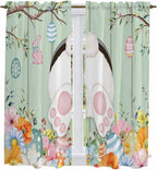 Easter Window Curtains 63 Inch Long 2 Panel Set, Rod Pocket Bedroom Curtains & Drapes, Spring Watercolor Bunny Eggs Wooden Grain Green Light Filtering Window Treatment for Living Room 42"W x 63"L