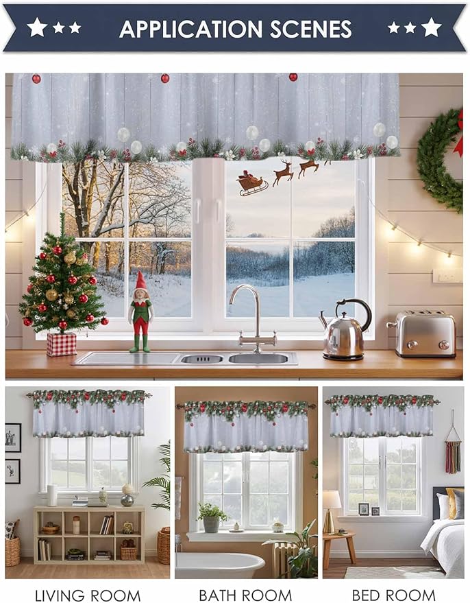 Christmas Curtain Valances for Windows, Kitchen Valance Window Treatment, Winter Xmas Balls Pine Branches Wooden Grain Light Filtering Block Curtains for Bathroom/Bedroom/Living Room 54'' x 18''