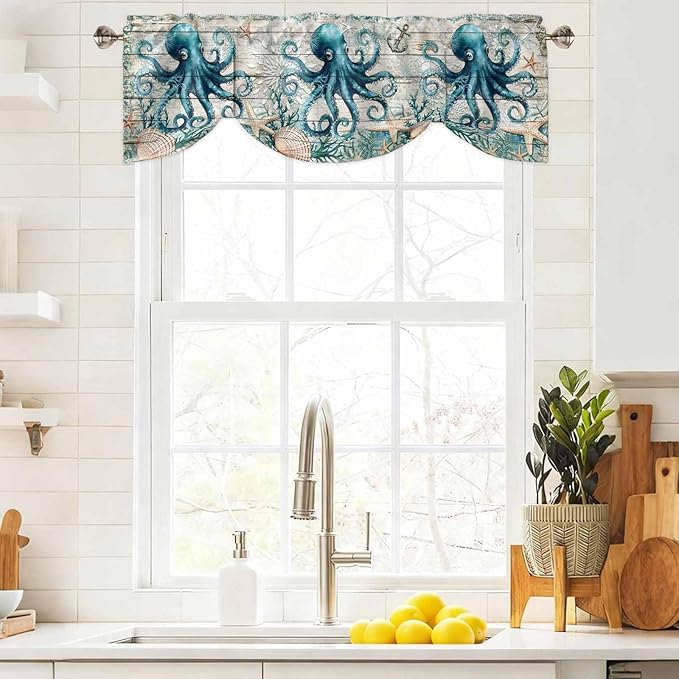 Sea Octopus Ocean Starfish Tie Up Valance Curtains,Nautical Anchor Vintage Wood Grain Kitchen Light Filtering Window Treatments with 3-inch Rod Pocket for Living Room,Bedroom,54x18In