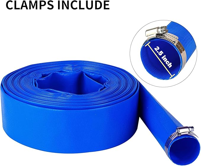 DAVCO 2.5" x 25 ft Pool Backwash Hose, Heavy Duty Reinforced Blue PVC Lay Flat Water Discharge Pump Hoses For Swimming Drain Pools and Clean Filters,with 1 Clamp