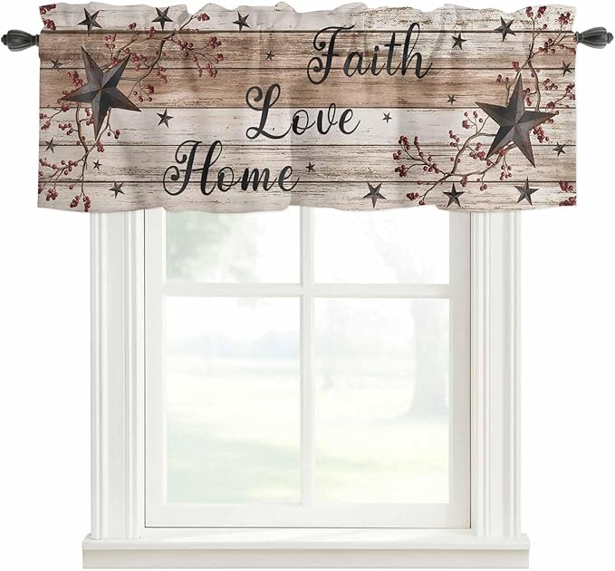 Rustic Star Brown Curtain Valances for Windows, Kitchen Valance Window Treatment, Vintage Plants Berry Wooden Grain Light Filtering Block Curtains for Bathroom/Bedroom/Living Room 42'' x 12''