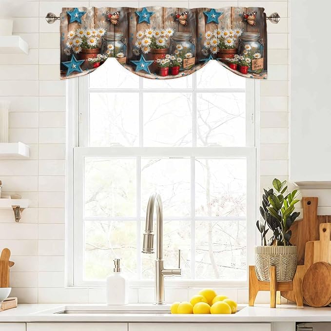 Country Flower Tie Up Valance for Window, Western Texas Star Butterfly Barn Door Adjustable Balloon Window Shade Valance Curtain for Kitchen Cafe Bathroom Window Treatment Panel 54''x18''