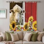Sheep Flowers Living Room Curtains 96 Inch Length, Window Curtains Tab Top, Country Red Barn Botanical Sunflowers Light Filtering Window Treatments Drapes 52"x96" 2 Panel