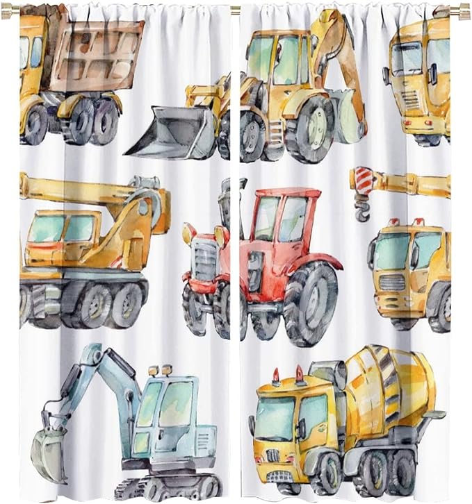 Kids Excavator Curtains, Retro Truck Tractor Machinery Construction Vehicle Crane Digger Mixer Rod Pocket Decorative Windows Curtain for Teens Girls Boys Room 52x84in (30% Blackout)