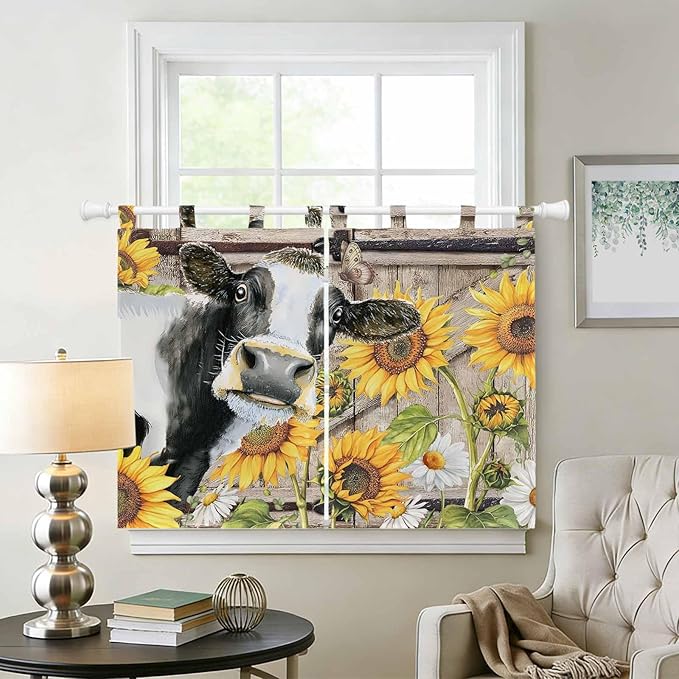 Retro Farmhouse Flower Bedroom Curtains 63 Inch Length, Window Curtains Tab Top, Yellow Sunflowers Cow Barn Doors Brown Light Filtering Window Treatments Drapes 42"x63" 2 Panel