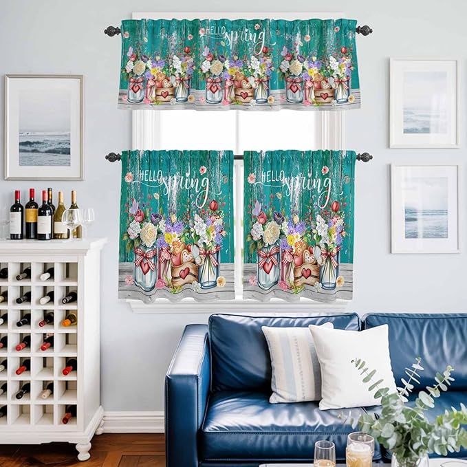 Spring Flowers Kitchen Curtains Set 3 Piece for Windows, Rod Pocket Valance and Tier Set 24 Inch Length, Farmhouse Watercolor Teal Wood Grain Light Filtering Cafe Curtains for Living Room Bathroom