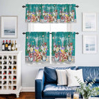 Spring Flowers Kitchen Curtains Set 3 Piece for Windows, Rod Pocket Valance and Tier Set 24 Inch Length, Farmhouse Watercolor Teal Wood Grain Light Filtering Cafe Curtains for Living Room Bathroom