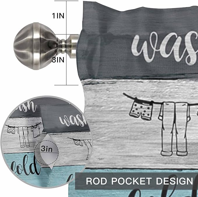 Laundry Rules Valances for Windows, Retro Blue White Wood Board Grain Kitchen Valance Light Filtering Rod Pocket Short Curtains for Kitchen Bathroom, 1 Panel, 60"x18"