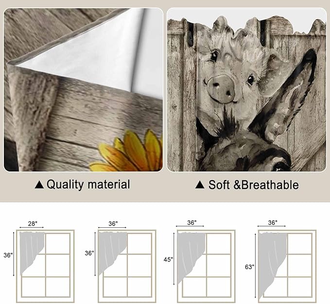 Funny Farm Animals Swag Valances for Windows, Vintage Barn Brown Sunflowers Rod Pocket Kitchen Curtains Valance, Small Window Curtains Swag for Cafe Bathroom Living Room, 2 Panels, 36x36 inch