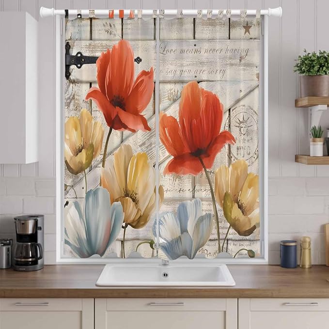 Retro Floral Living Room Curtains 84 Inch Length, Window Curtains Tab Top, Red Yellow Tulips Barm Doors Farmhouse Wooden Light Filtering Window Treatments Drapes 52"x84" 2 Panel