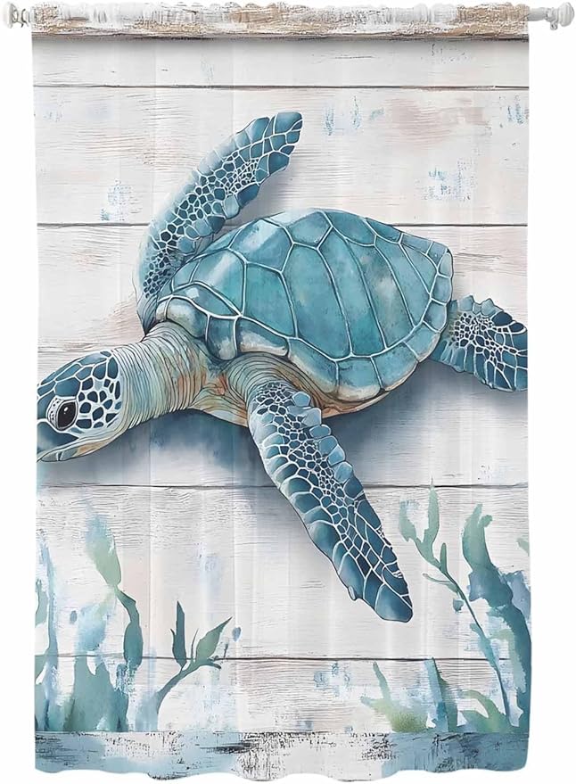 Sheer Curtains 72 Inches Long, Teal Green Sea Turtle Semi Sheer Curtains Light Filtering Window Treatment, Summer Ocean Seaweed Wood Grain Privacy Voile Drapes for Living Room Bedroom 52x72 Inch