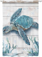 Sheer Curtains 72 Inches Long, Teal Green Sea Turtle Semi Sheer Curtains Light Filtering Window Treatment, Summer Ocean Seaweed Wood Grain Privacy Voile Drapes for Living Room Bedroom 52x72 Inch