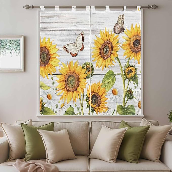 Yellow Sunflowers Bathroom Curtains 63 Inch Length, Window Curtains Tab Top, Vintage Country Flowers Butterfly Wood Board Light Filtering Window Treatments Drapes 52"x63" 2 Panel
