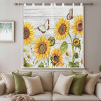 Yellow Sunflowers Bedroom Curtains 72 Inch Length, Window Curtains Tab Top, Vintage Country Flowers Butterfly Wood Board Light Filtering Window Treatments Drapes 52"x72" 2 Panel