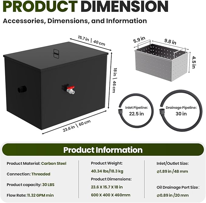 Stainless Steel Interceptor, 30 LBS Grease Trap, 23.6" × 15.7" × 18" Grease Interceptor for Kitchens, Coffee Shops, and Food Processing Plants That Produce Oily Wastewater